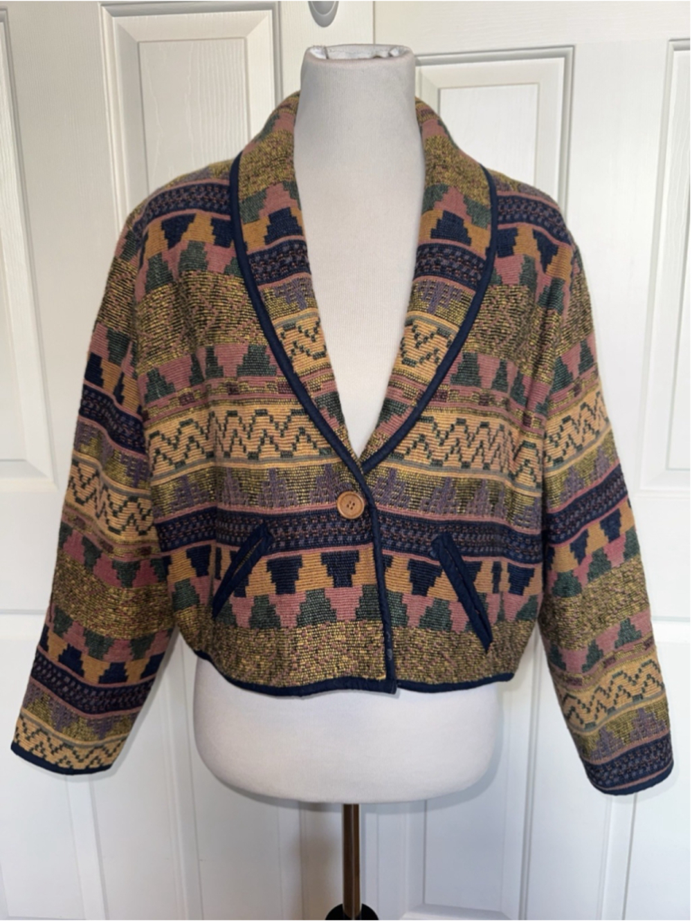 Vintage 90s Shaver Lake Tapestry Jacket M Southwestern Woven Cropped Boho Blazer